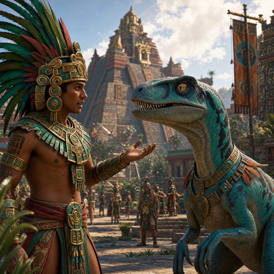 Amazonia — a feathered lord and his raptor before a step-pyramid