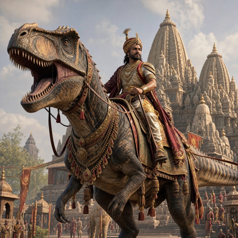 Dharwaria — a prince riding a T. rex before great temples