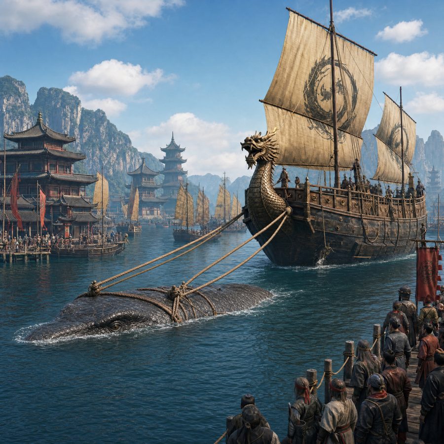 Laurasia — maritime harbour with dragon-prowed ships