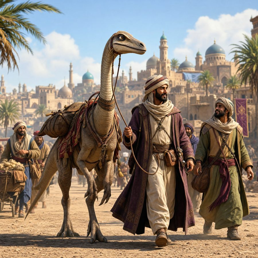 Permia — desert caravan with a pack dinosaur